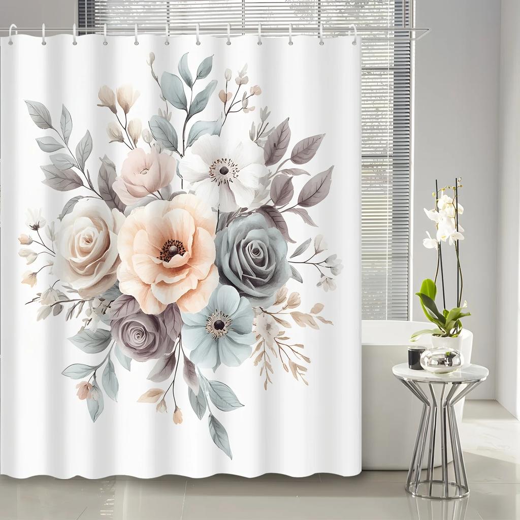 Open 1Pc Cartoon Watercolor Simple Floral Plant Print Shower Curtain, Polyester Fabric With 12 Hooks, Bathroom Accessory