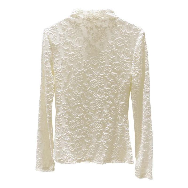 Čierny čipkovaný sveter pre ženy na jeseň a zimu, vzorovaný sieťovaný sveter s polovysokým výstrihom, tenkým dlhým rukávom