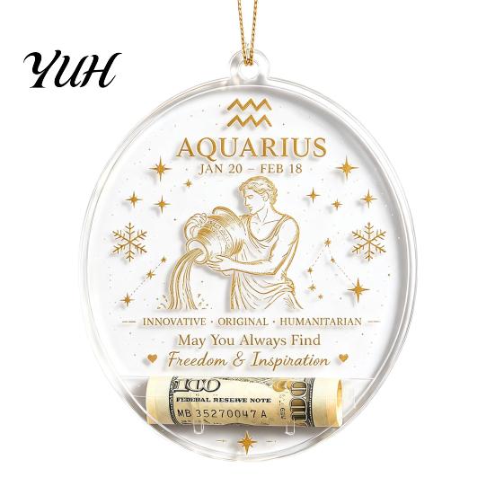 Gift Box Accessories Christmas Tree Money Holder Pendant, Transparent Acrylic Round Hanging Ornament, 12 Festive Home Decor Zodiac Signs Theme