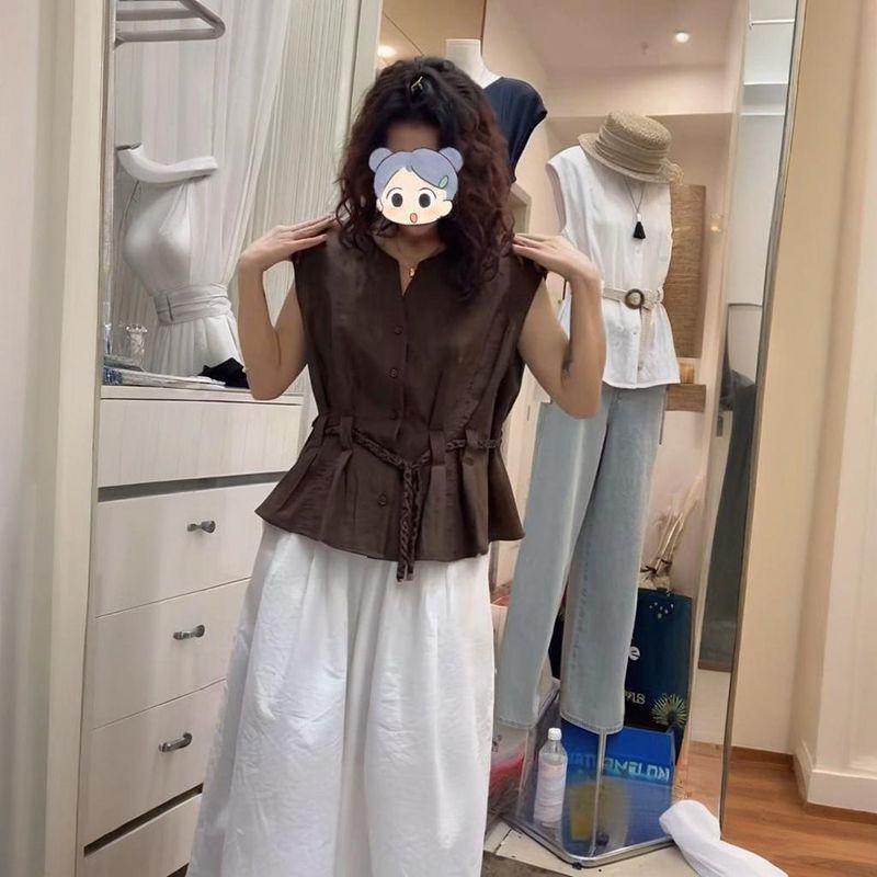 Chic Women's Summer Commuting Set: Sleeveless Round Neck Top & Wide-Leg Pants