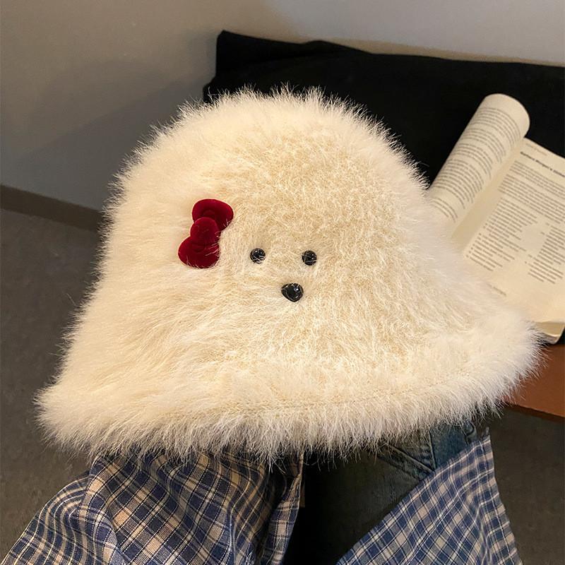 White Stylish Plush Fisherman Hat With Bow For Women Perfect For Winter Fall