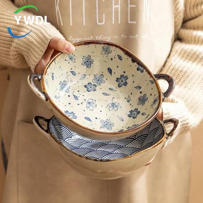 YWDL 7,5 Zoll Retro Keramik Salatschüssel mit Griff Küchen Suppen Nudelschüssel Mikrowellenofen Backform Pfanne Obstplatte Geschirr