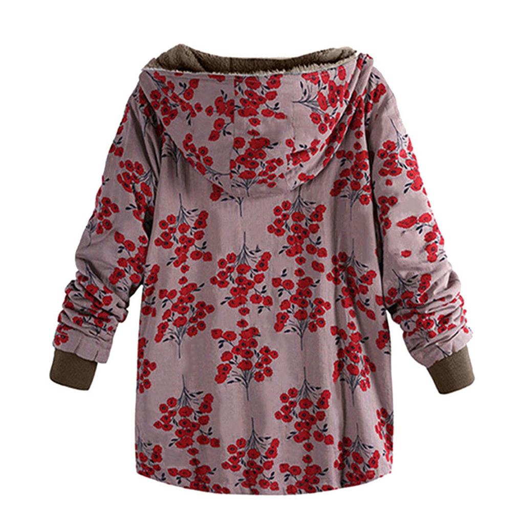Ladies Long Sleeve Zipper Hooded Thick Composite Plush Vintage Flower Print Plus Size Hooded Jacket