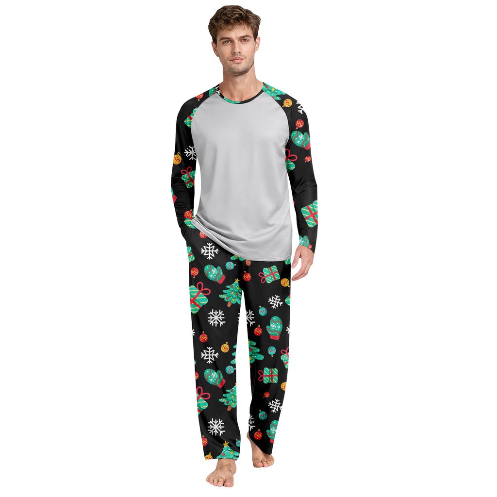 Men's Printed Round Neck Top Casual Comfortable Long-Sleeved Pants Pajama Set