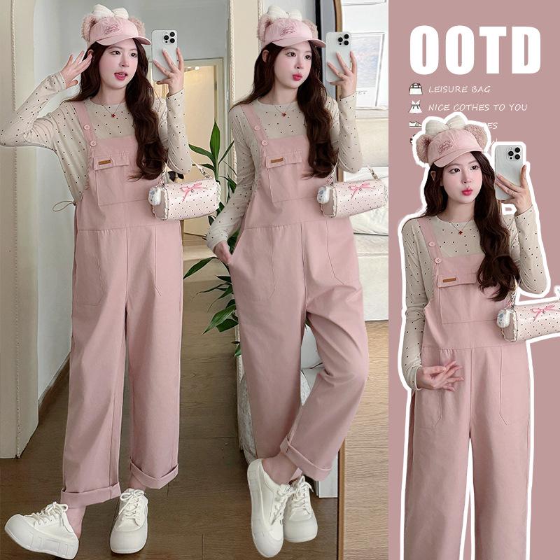 2026 Spring Maternity Casual Two-Piece Set: Polka Dot Top + Loose Overalls M