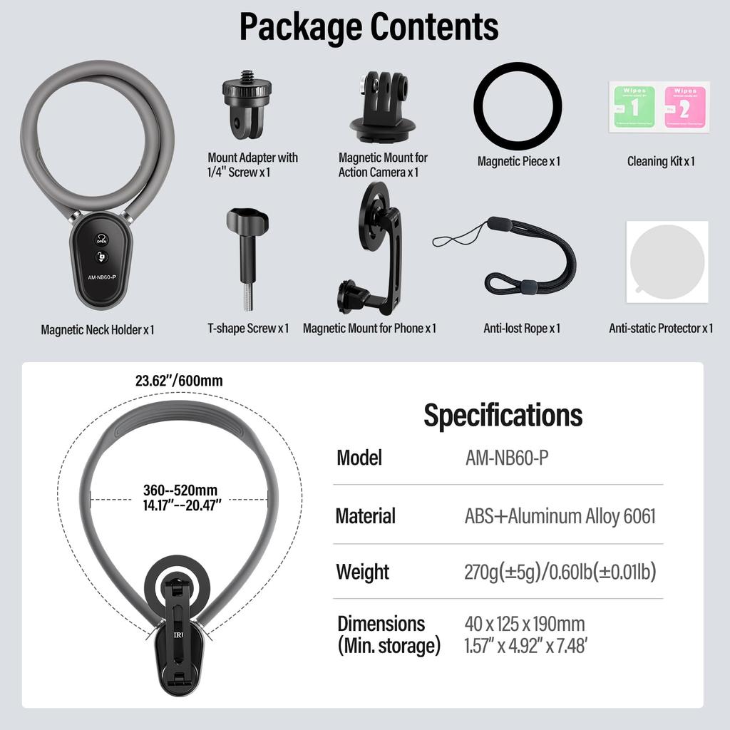 SIRUI Magnetic Neck Mount for POV Necklace Mount Vlogging Accessories for Android GoPro Hero Insta360 Action Cameras Phones, Hands-Free iPhone,