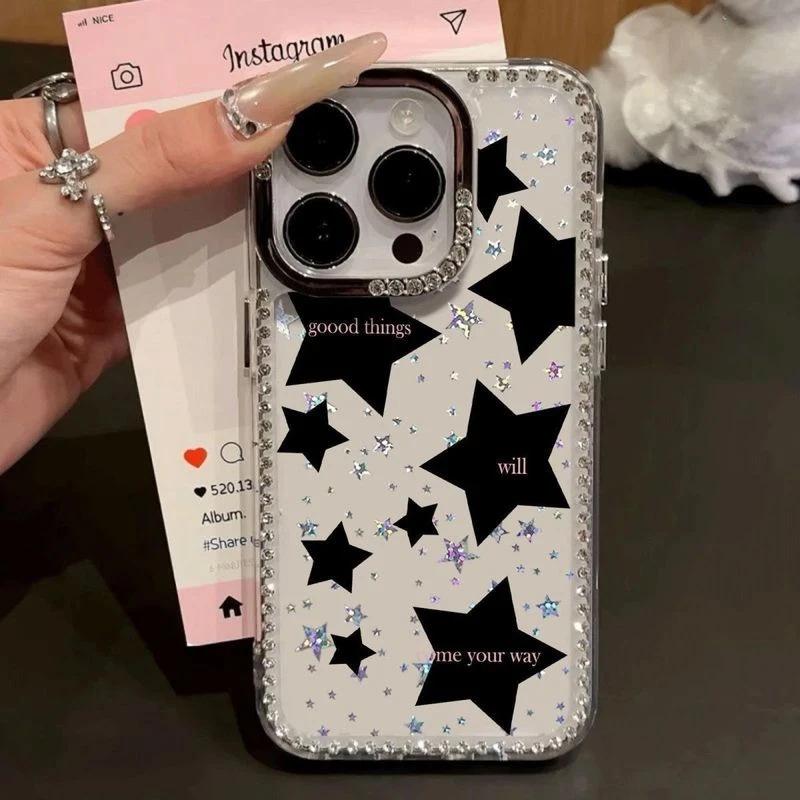 Full screen black stars, suitable for Apple iPhone17/16Pro mobile phone case 14 flash diamonds, 15 large holes, 13 women