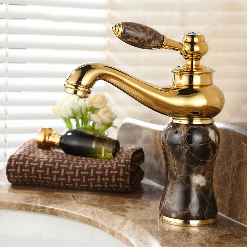 Gold Faucet Wall Mount Bathroom Washbasin Sink Faucet Brass Jade Crystal Cold Hot Mixer Taps Torneira ZR251