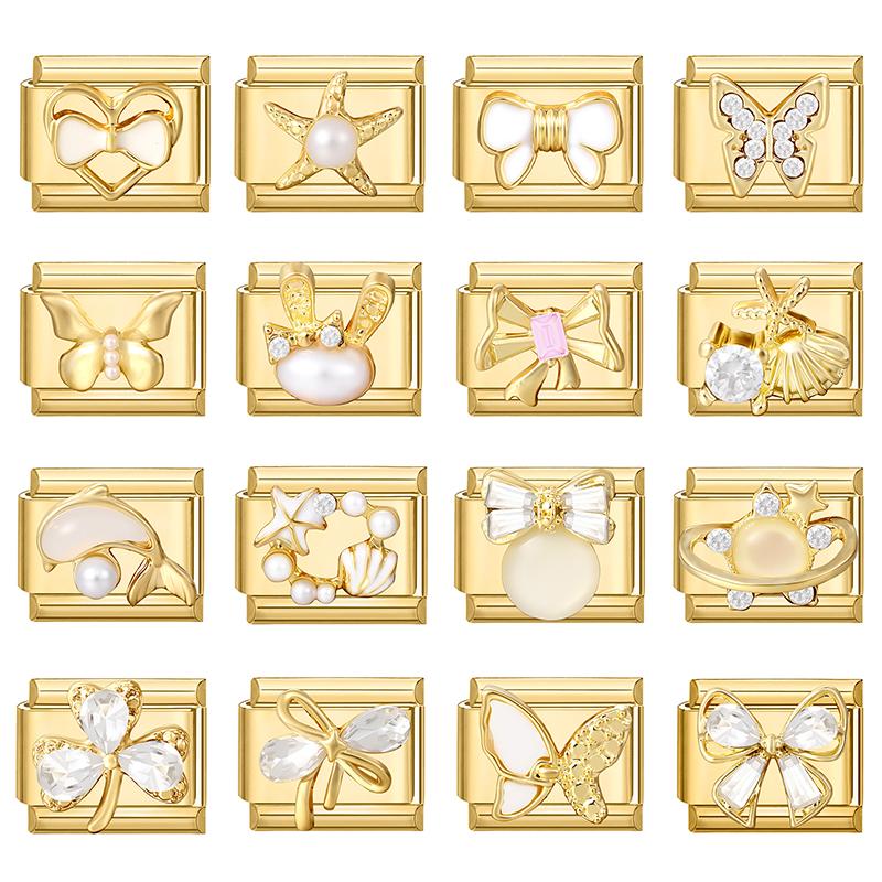 New Gold Color Heart Bow Rabbit Ears Pearl Italian Charm Links Fit 9mm Stainless Steel Bracelet Women Men DIY Making Jewelry