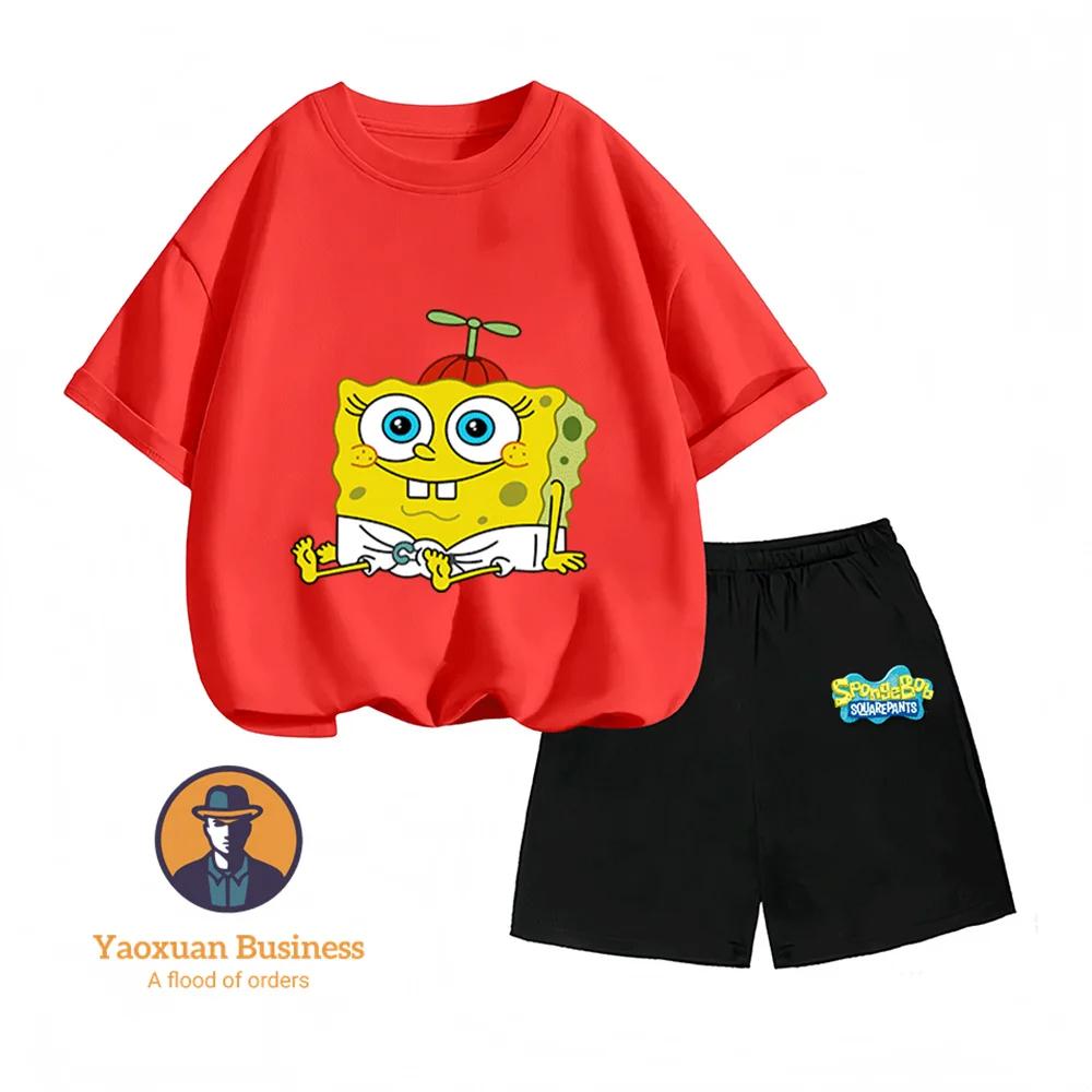 Hot Sale Summer Kidswear Pure Cotton SpongeBob SquarePants Anime Printed Round Neck Casual Two Piece Set 110