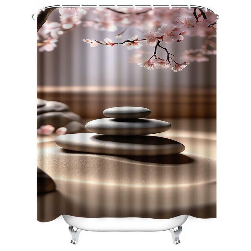 Zen Stones and Cherry Blossoms Waterproof Shower Curtain Heat Resistant Machine Washable Non-Transparent 180x180cm