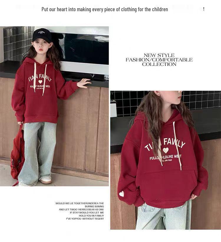 2024 Girl's Fleece-Lined Hooded Sweatshirt: Autumn/Winter Trendy Style