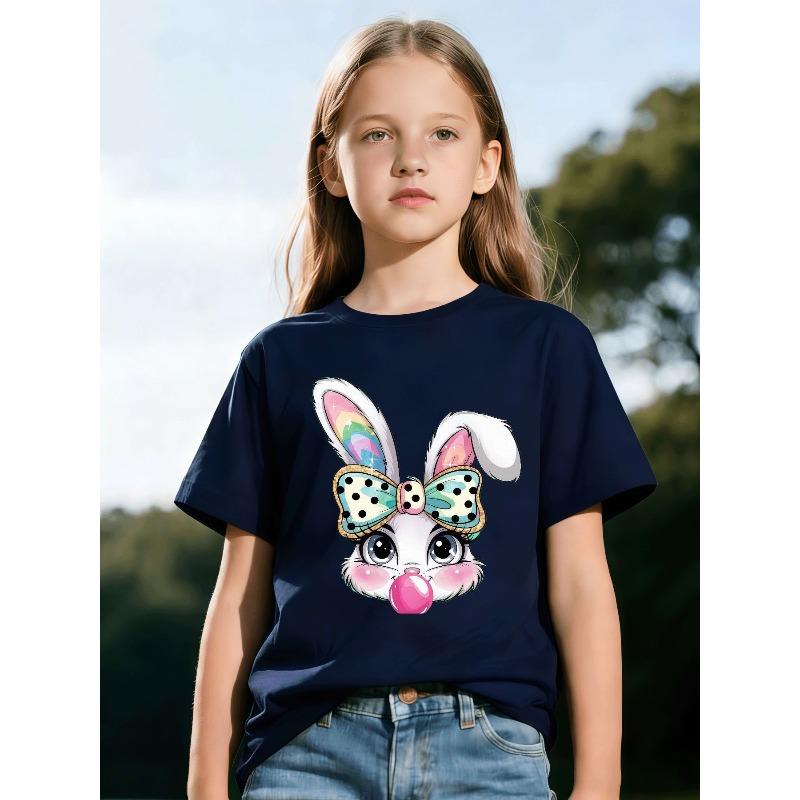 European Size Childrens Round-neck Short-sleeved T-shirt with Rabbit Pattern Print