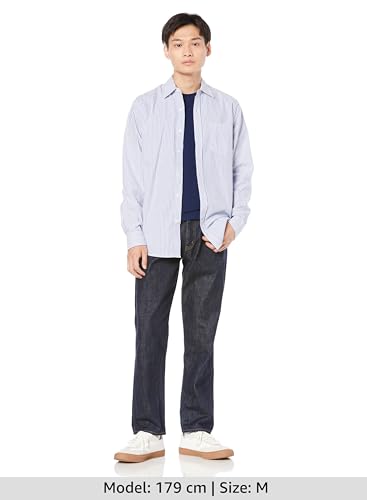 Amazon Essentials Men's Regular Fit Casual Long Sleeve Poplin Shirt, Blue and White, Vertical Stripes, Size L