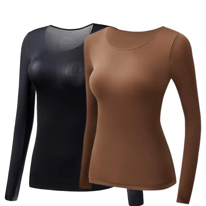 2 Stück Damen Thermounterwäsche Herbst Winter Unterhemd Langarm-T-Shirt Dünnes Oberteil Zweite Haut Damen Thermisch L-XL