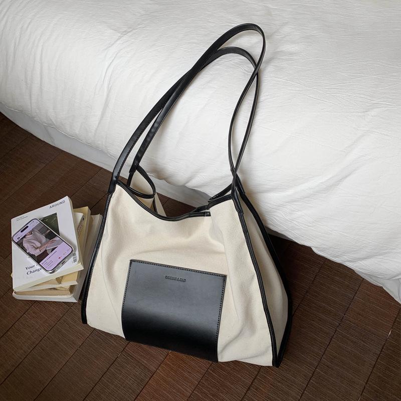 Fashion Retro Splicing Tote Bag Women's 2025 New Large-capacity Canvas Shoulder Bag Casual Commuter Armpit Bag