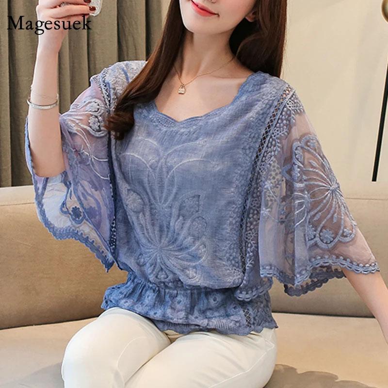 Flower Half Sleeve Shirt Women Elegant Fashion Butterfly Chiffon Blouse Summer Cotton Edge Lace O Neck Loose Shirt