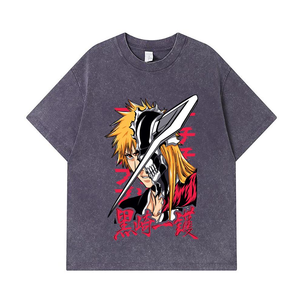 275 GSM Washed T-shirts 100% Cotton Bleach V4 Ichigo Print Unisex Heavy Cotton T Shirt