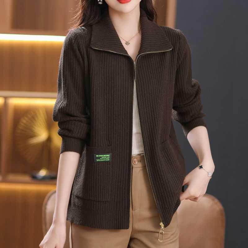 Dámský pletený kardigan zimní zateplený kardigan na zip Office ležérní kardigan