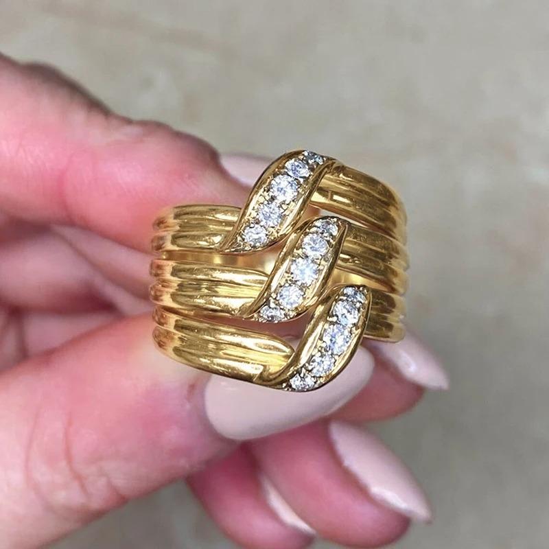 

Gorgeous Women Wedding Rings Gold Color Wide Band Statement Female Finger-rings Party Luxury Cubic Zirconia Jewelry Accessories