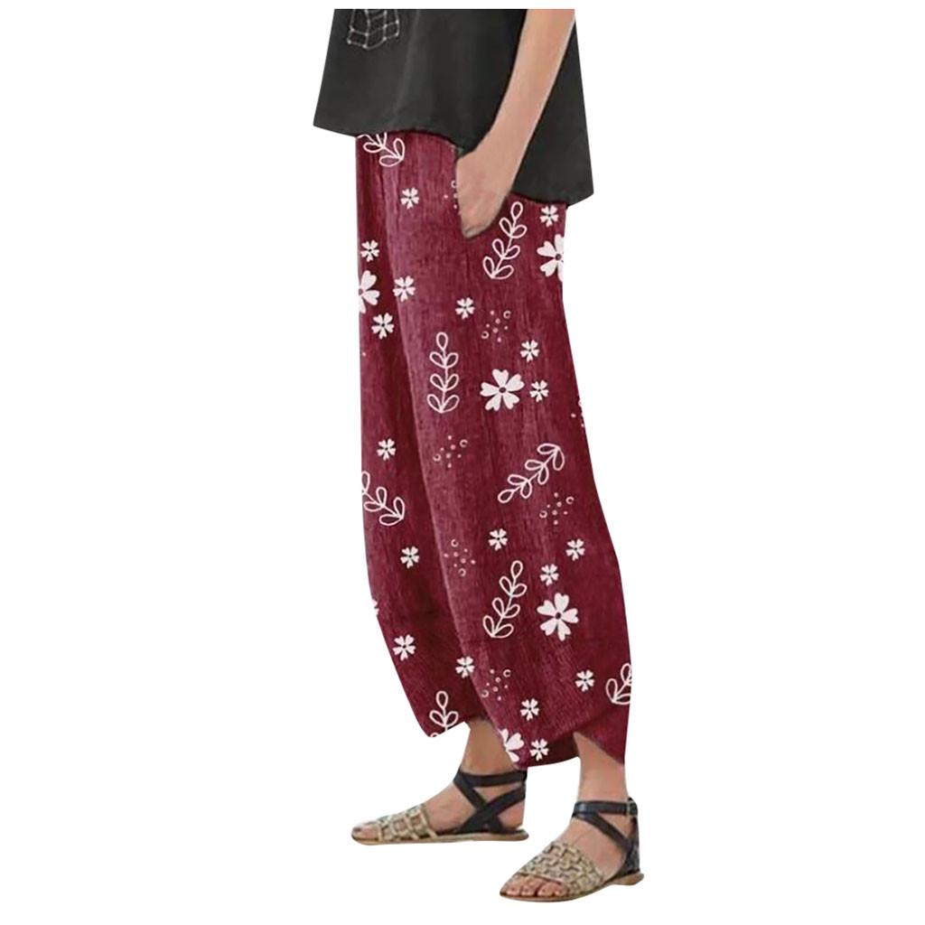 Women Casual Loose Floral Print Cotton Linen Elastic Waist Pocket Wide Leg Pants