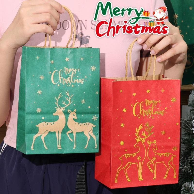 1/20 Red Green Christmas Bags  Kraft Paper Biscuit Candy Packaging Bag Xmas Tree Gift Pouch Home Decor Xmas Party Accessories