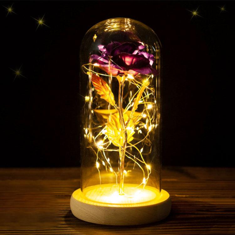 Glass cover LED light gold foil rose Christmas send girlfriend luminous rose night light handmade flower