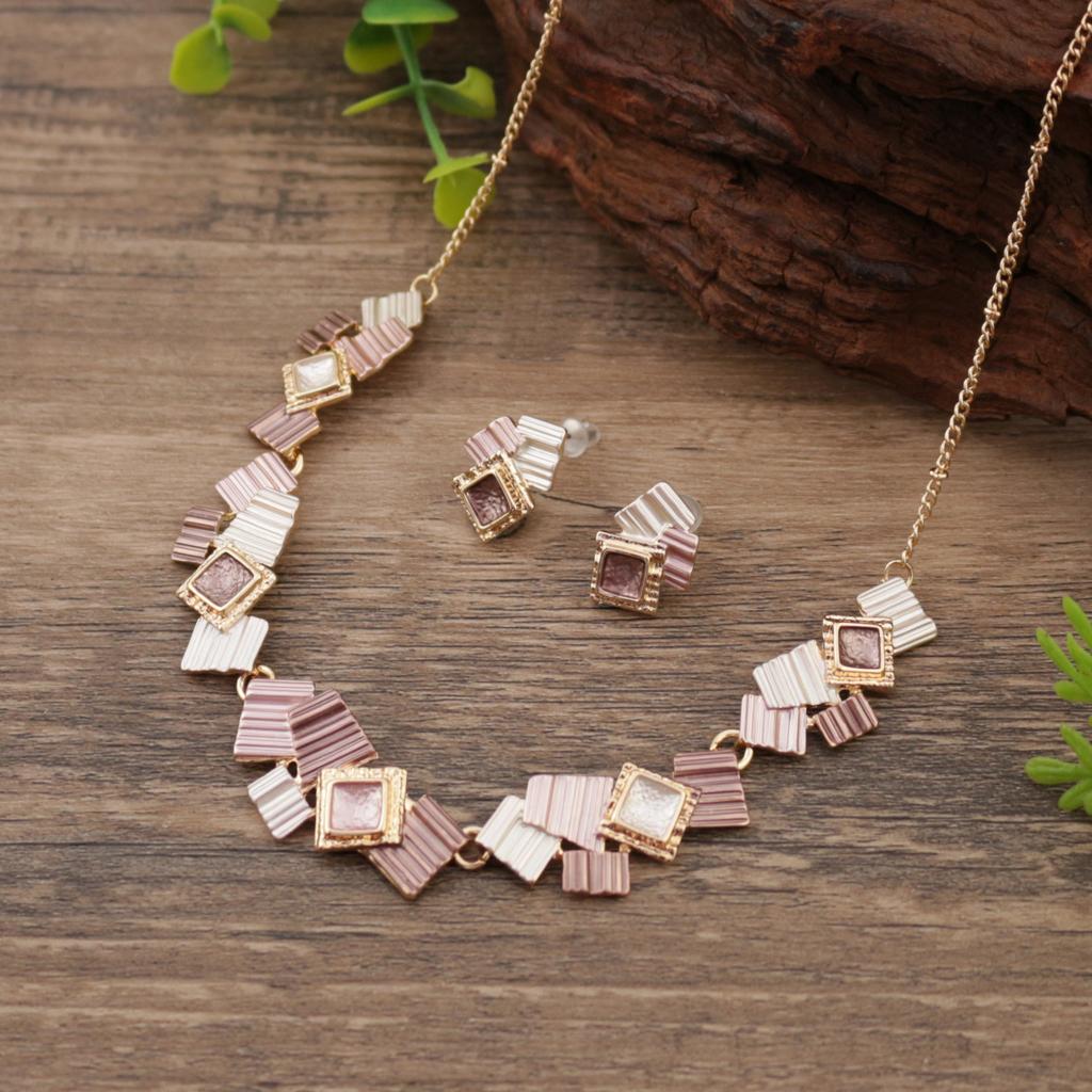 New Color Painting Oil Geometric Square Stud Earrings Necklace Set, Personalized Women's Square Neck Chain
