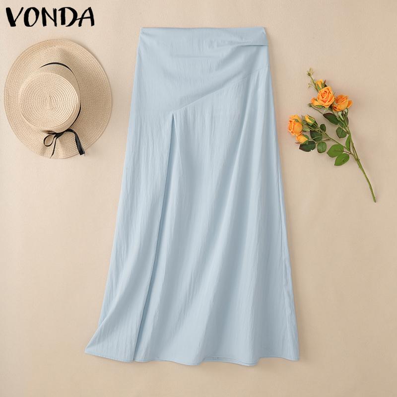 

VONDA Women High Waist Solid Color Splits Casual Long A-line Skirts 4XL синий
