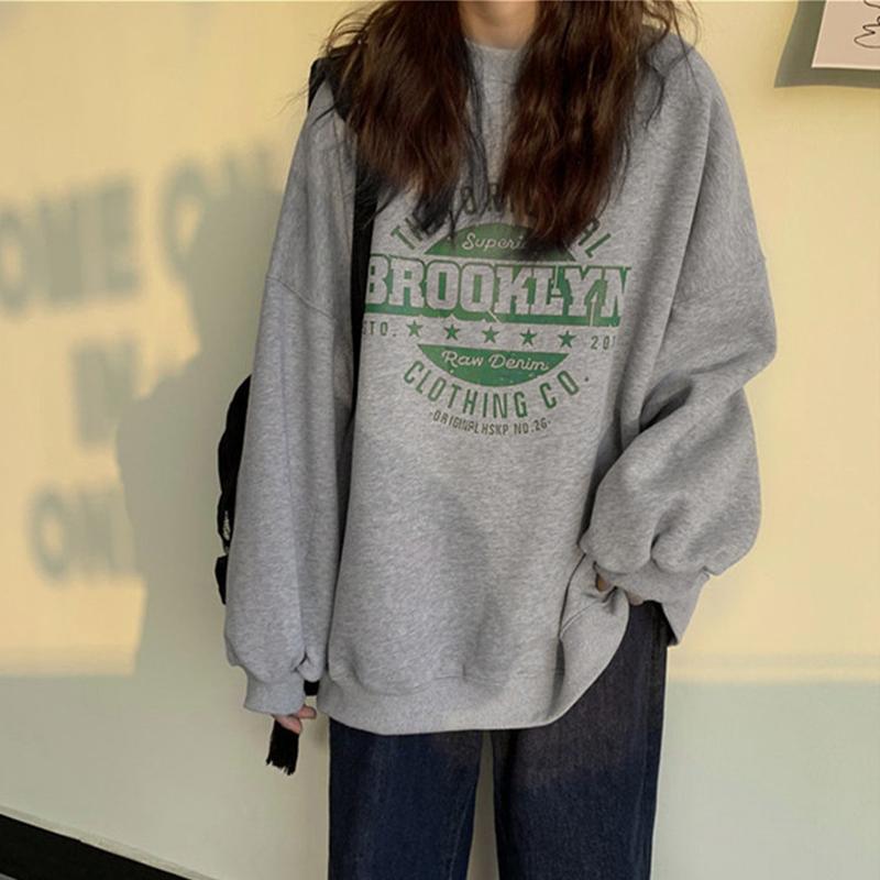 

Толстовка женская свободная большого размера модная студенческая повседневная футболка с длинными рукавами пуловер M серый