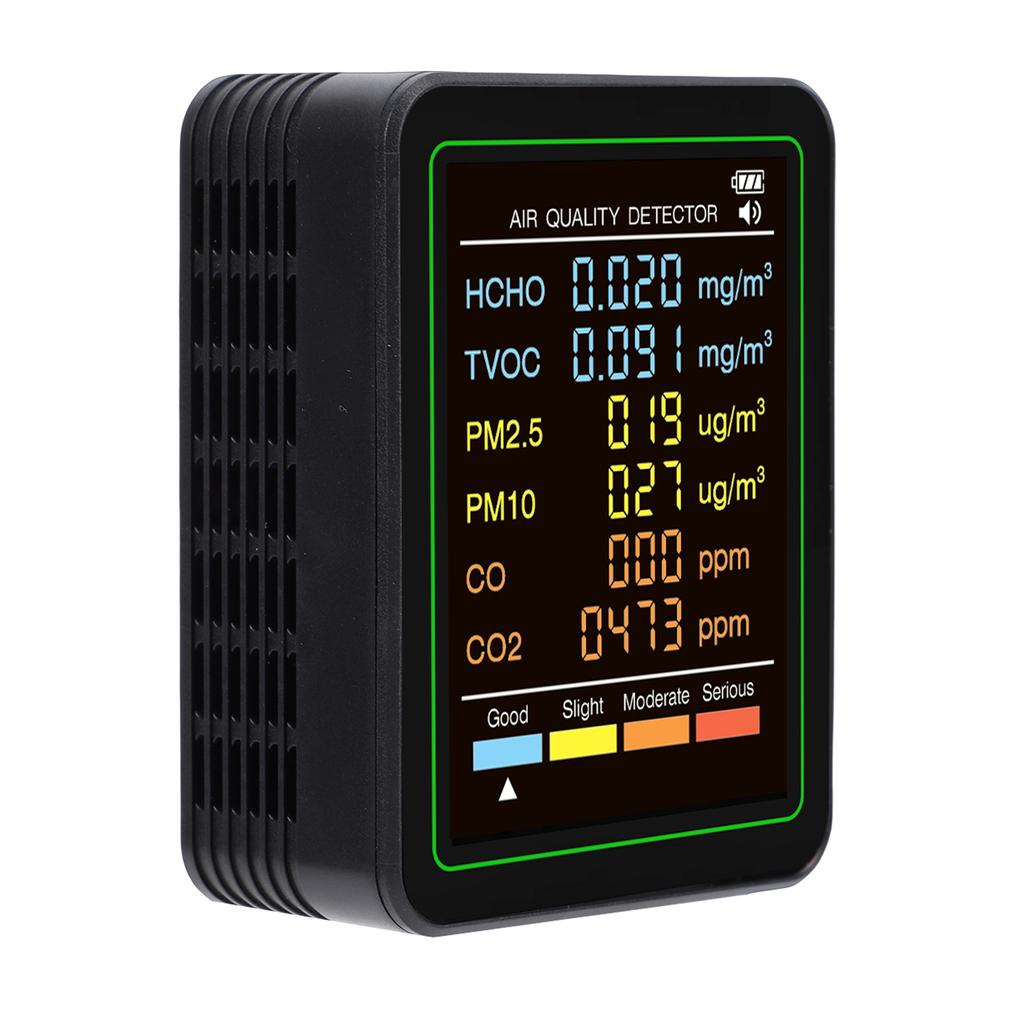 6 in 1 Air Quality Monitor with CO CO2 TVOC HCHO PM2.5 PM10 Detection Infrared Sensor LCD Color Screen Portable Home