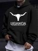 American Western Style Unisex Autumn Winter Print Hooded Long Sleeve Sweatshirt, Uganda Buffalo Head Silhouette Print Hoodie, Western Wild Region Styl