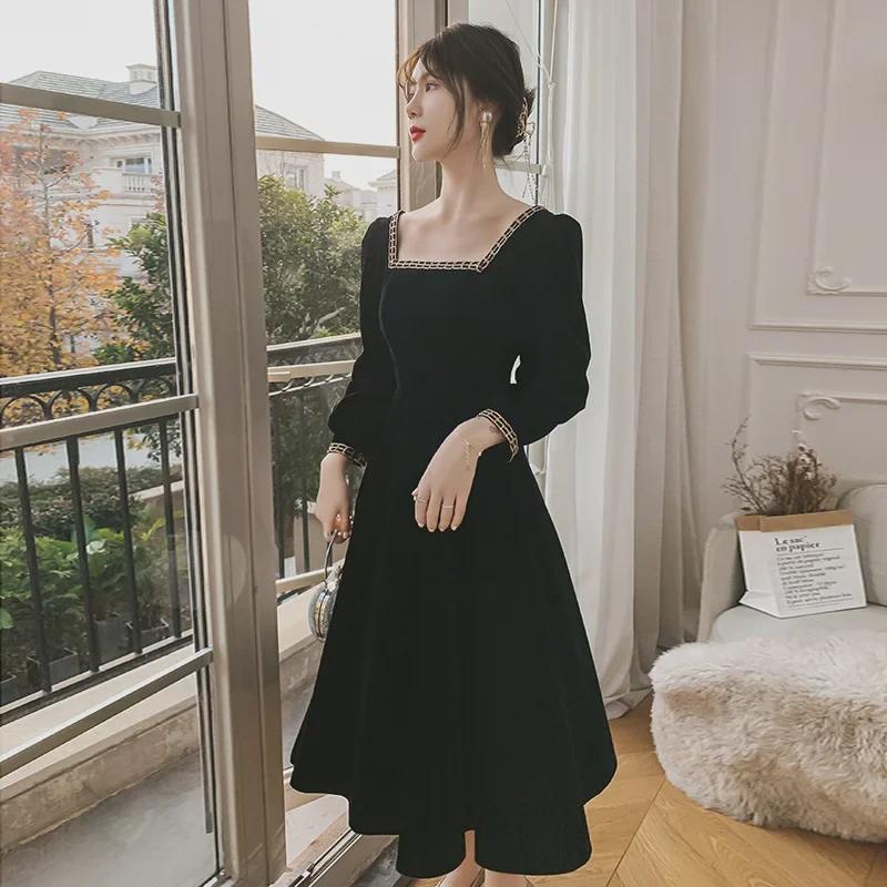 2022 Elegant Black Evening Dress for French Annual Meeting, Light Luxury Host Dress for Women