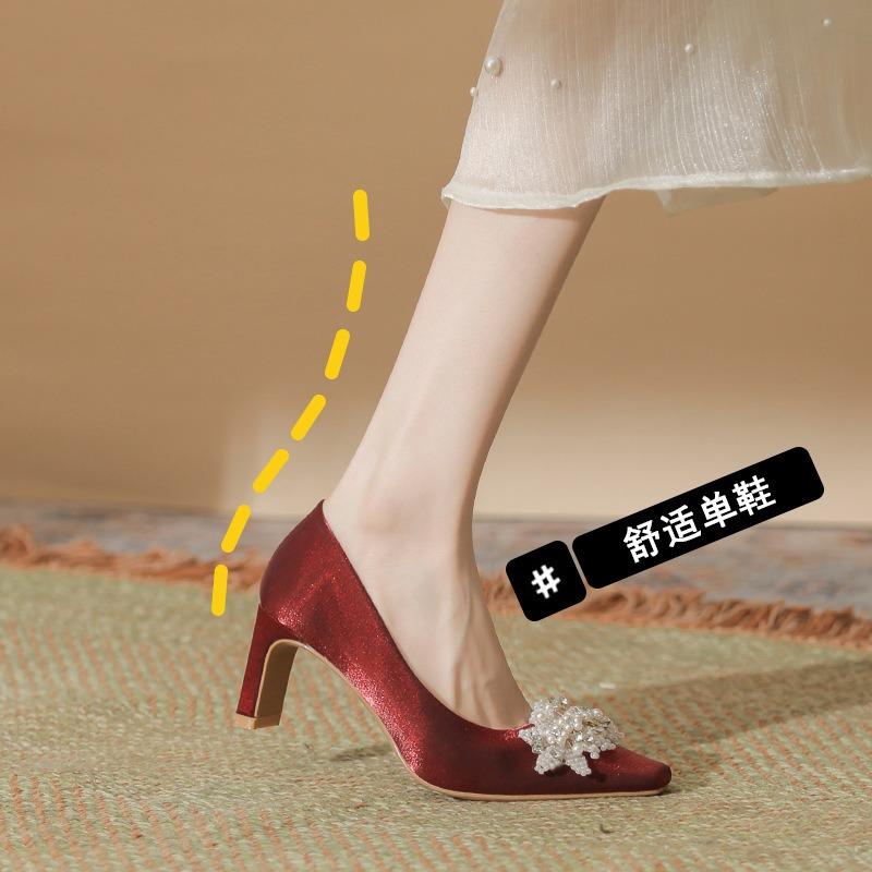 Red bridal shoes, crystal high heels, women's thick heels are not tired, Xiuhe wedding dress, two wear single shoes