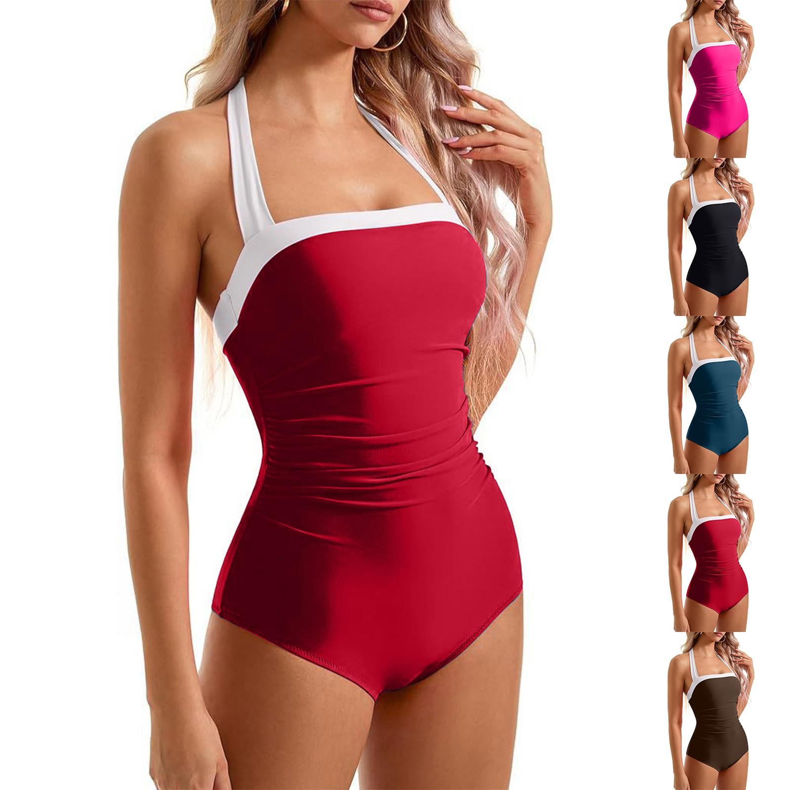 

Women s Backless Colorblock Slim Fit Tummy Cinching Swimsuit Multicolor One-piece S червоний