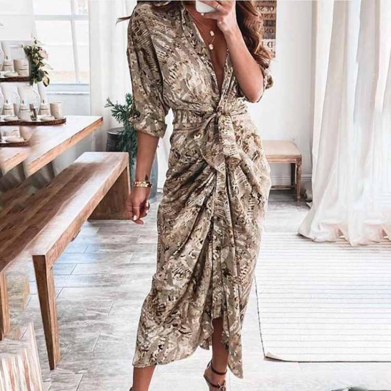 2026 Womens Elegant V-Neck Wrap Tie High-Waist Floral Print Long Dress Slim Fit Casual Office Wear
