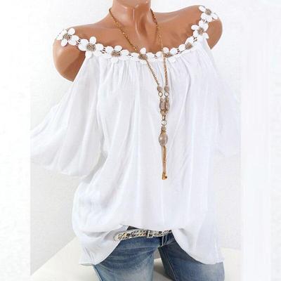 2023 Summer Short Sleeve Fashion O-neck Shirt With Lace Women Blouse Sexy Off Shoulder Shirt Solid Tops Loose Clothes 24933