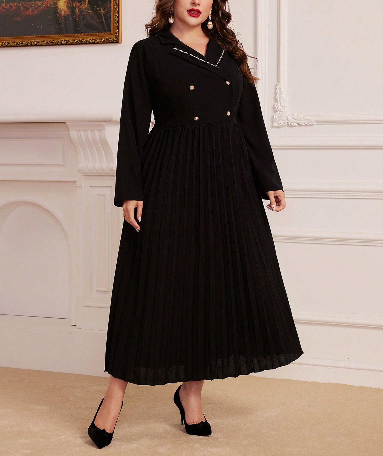 

Elegant Pleated High Waist Long Sleeve Dress for Spring and Autumn XXL чорний