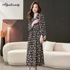 Elegant Fashion Spring Autumn Women Midi Dress V Neck Floral Print Chiffon Dress Long Sleeve Black Feminine Chic Dress