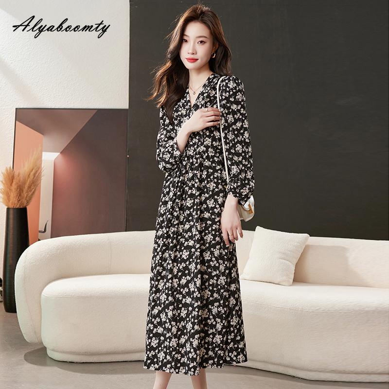 

Элегантное Модное Весенне-Осеннее Женское Миди Платье с V-образным Вырезом, Цветочным Принтом, Шифоновое Платье с Длинным Рукавом, Черное Женственное Шикарное Платье 2XL