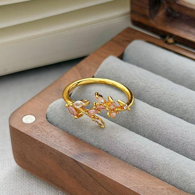 Medieval Vintage Pink Zircon Colored Treasure Open Ring Niche Light Luxury High Sense Stacked With Diamond Rings Woman