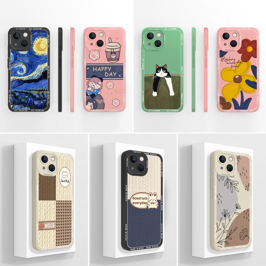 Smartphone Case For iPhone 13 14 15 16e Pro Max Mini Plus Lazy Kitten Pretty Flowers Pattern Liquid Silicone Shockproof Advanced Shell For iPhone Capa