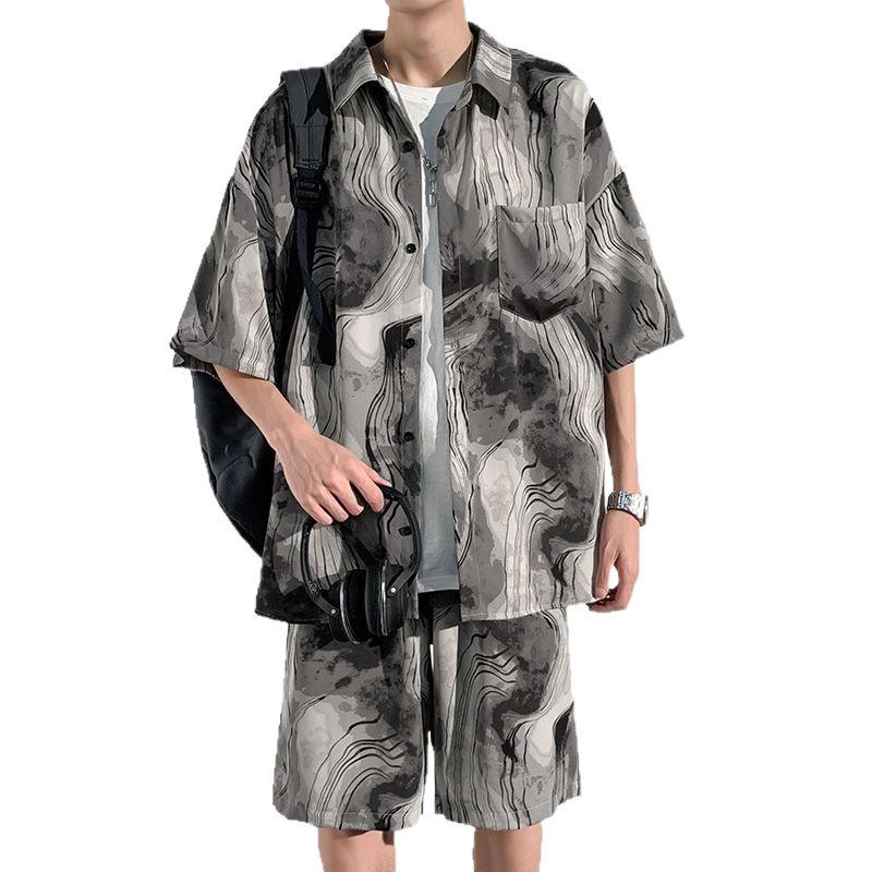 Classic Comfortable Tie-dye Watercolor Ink Color 3D Print Shirt +Shorts Two Piece Set Short Sleeve Flip Collar Shirts Half Pants