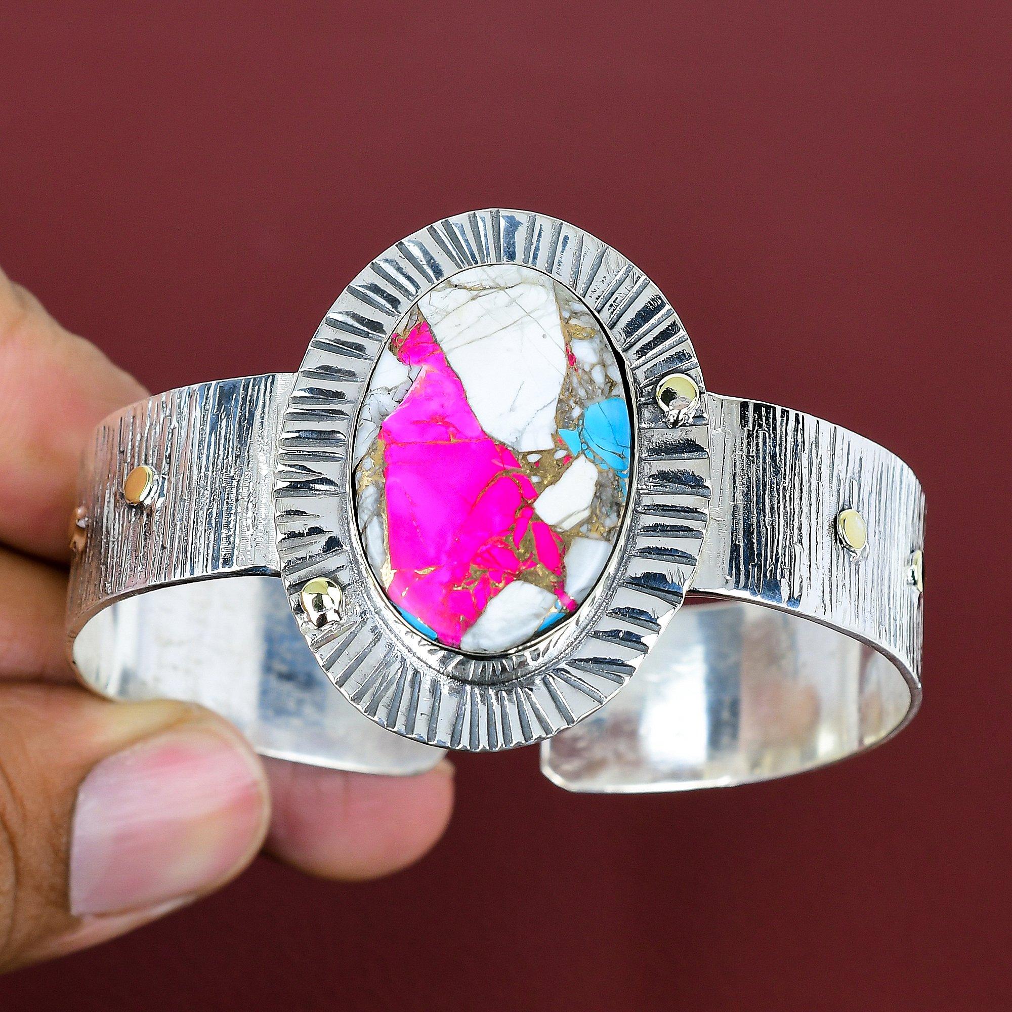 Cotton candy turquoise bangle 925 sterling silver cuff bracelet natural gemstone jewelry adjustable bangle handmade jewelry gifts for women Adjustable