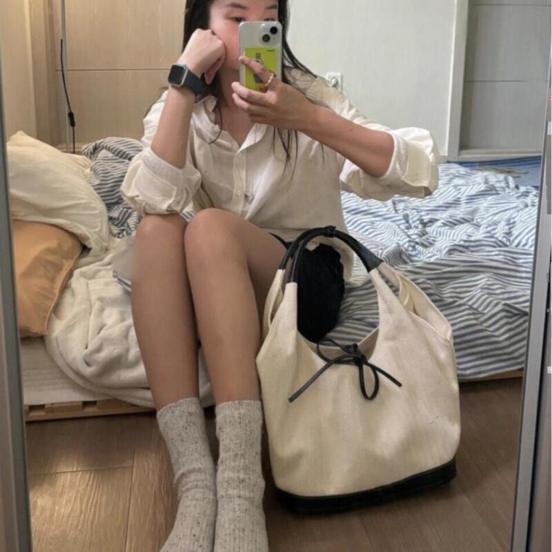 Fashion Canvas Tote Bags Simple Bow Tie Shoulder Bags Vintage Women's Handheld Shopping Bag Female Commuter Handbags