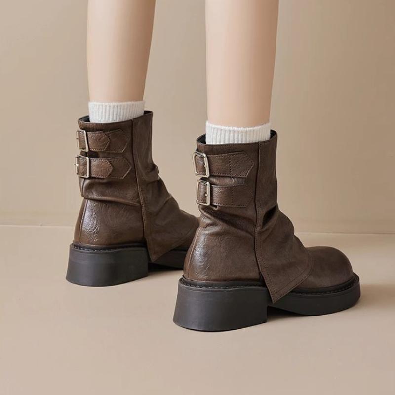 Winter Fashion Boots Flat Heeled Mid-calf Platform Boots Retro Style Comfort Shoe Botas De Outdoor Ankle Boots for Women