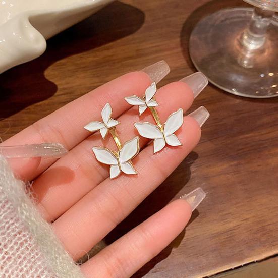 1 Pair Women White Butterfly Stud Earrings Hypoallergenic Lightweight Dual Butterflies Girls Metal Earrings Fashion Jewelry Accessories