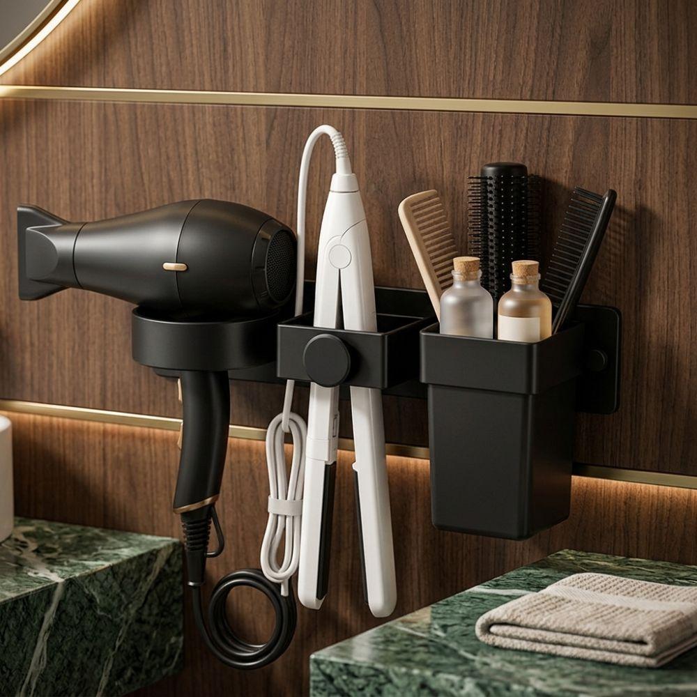 Detachable Cup Wall Mount Hair Dryer Holder Multi-Slot Curling Iron Storage Rack Vanity Counter