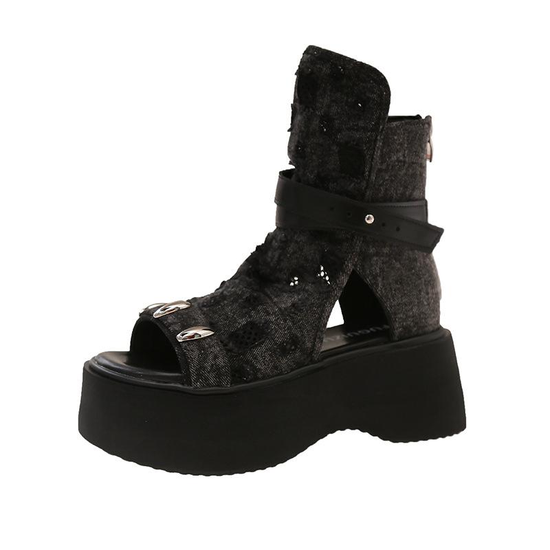 Summer thin high-top sandals fashion toe muffin denim ripped summer Martin boots leaking mesh short boots women