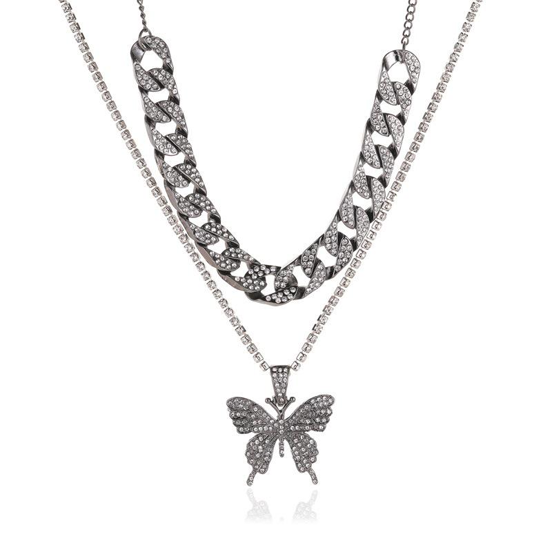 Collar de Mariposa Cubano de Doble Capa con Gargantilla de Cadena Gruesa con Diamantes Completos